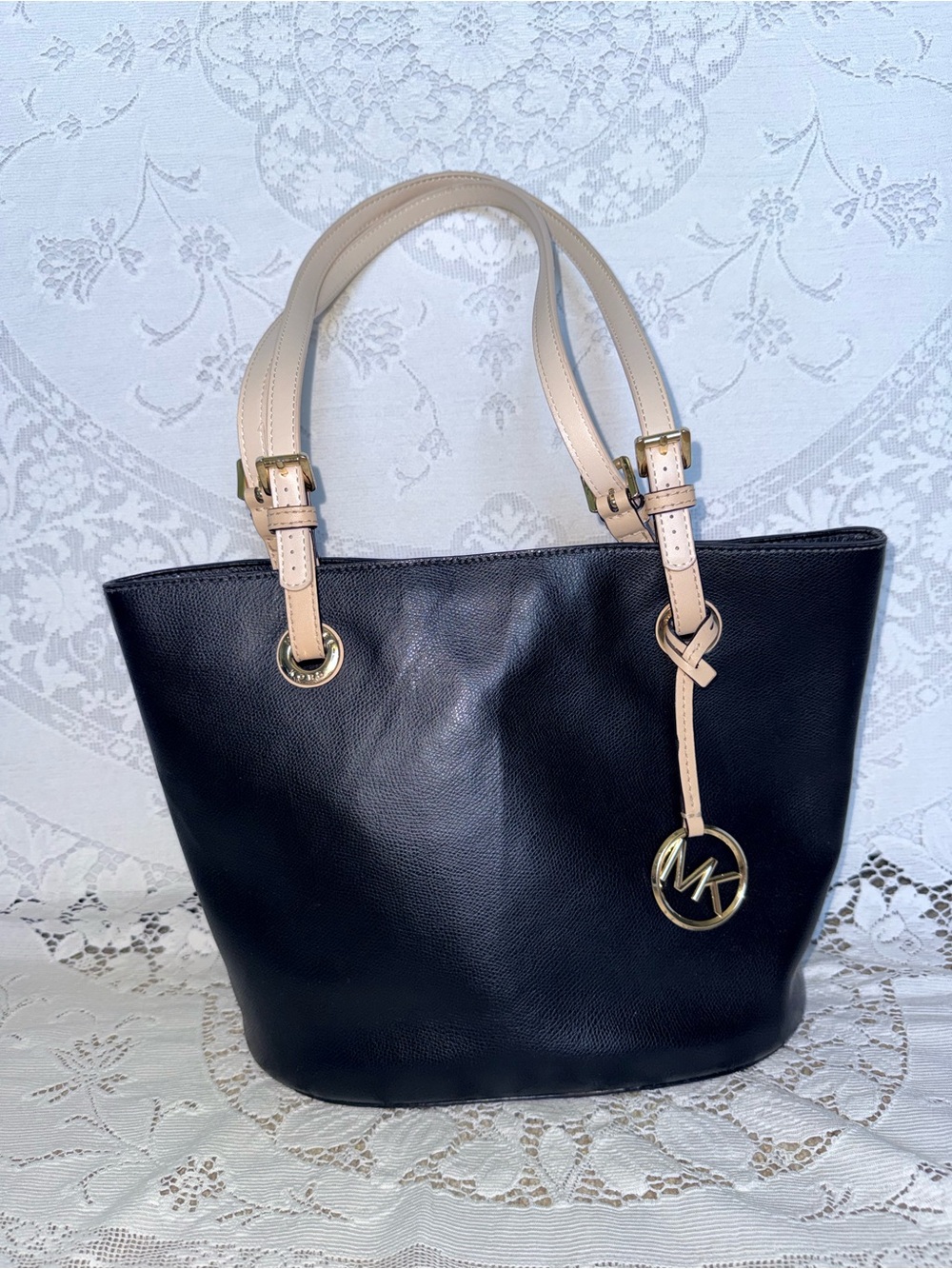 Michael Kors Bedford Medium Pocket Tote Black Saffiano Leather Tan Straps